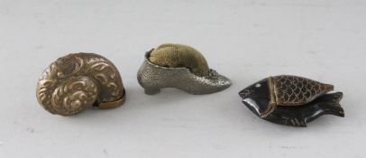 A SHOE PIN CUSHION, A FISH SNUFF BOX and A COPPER SHELL SNUFF BOX (3).