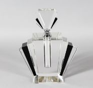 A LARGE ART DECO DESIGN BLACK FAN SHAPED SCENT BOTTLE AND STOPPER. 9.5ins high.