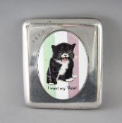 A PLAIN SILVER CIGARETTE CASE, Birmingham 1908, with an oval of a Suffragette Cat 
