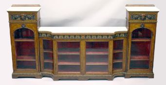 IN THE MANNER OF GILLOW, A SUPERB BURR WALNUT, ORMOLU AND MARBLE BREAKFRONT SIDE CABINET, the centre
