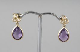 A PAIR OF 18CT GOLD, AMETHYST AND DIAMOND DROP EARRINGS.