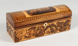 A TUNBRIDGE WARE DOMED TOP BOX, blue velvet interior. 10.5ins long.