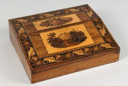 A TUNBRIDGE WARE WRITING DESK, with folding flaps and velvet writing surface, pen tray and ink
