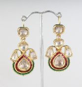 A GOOD PAIR OF INDIAN 18CT GOLD, DIAMOND AND ENAMEL EARRINGS.