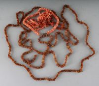 FIVE VARIOUS CORAL TYPE NECKLACES.