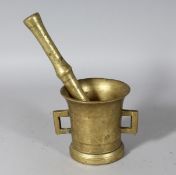 A 19TH CENTURY BRASS PESTLE AND MORTAR, with square shaped handles. Mortar: 4.5ins high.