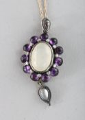 A 9CT GOLD, SILVER SET, MOONSTONE, AMETHYST AND DIAMOND NECKLACE.