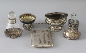 A MIXED LOT, two salts, wine label, scent bottle and stopper, glass scent bottle, and A PLATED PURSE