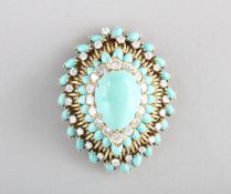 A SUPERB LARGE 18CT GOLD, TURQUOISE AND DIAMOND BROOCH, Possibly V.C.A.
