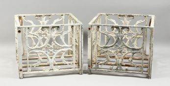 A PAIR OF VICTORIAN STYLE PAINTED CAST METAL GARDEN PLANTERS/CLOCHE FRAMES. 16ins x 16ins x 13ins.