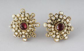 A PAIR OF CHANEL DIAMANTE AND RED STONE EAR CLIPS.