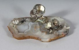 A SILVER AND ONYX GROUP, snail, two birds and fungus. 5.5ins long.