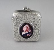 A VICTORIAN ENGRAVED SILVER VESTA CASE, Birmingham 1894, with an enamel oval of Queen Victoria.