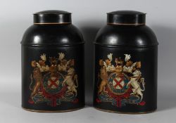 A PAIR OF TOLEWARE BLACK TEA TINS. 14ins high.