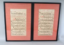 TWO FRAMED AND GLAZED 17TH CENTURY HYMNAL LEAVES, double sided, No's 185-186 and 189-190. 17.5ins