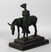 AN ABSTRACT BRONZE GIRL WITH DONKEY on a marble base. 13ins high.