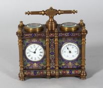 A CLOISONNE ENAMEL DOUBLE CLOCK AND BAROMETER. 5.5ins high.
