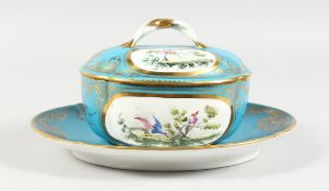 A SEVRES STYLE PALE BLUE GROUND OVAL PORCELAIN BOX, COVER AND STAND, LATE 19TH CENTURY, painted with