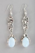 A PAIR OF SILVER MOONSTONE DROP EARRINGS.