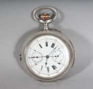 A SUPERB GENTLEMAN'S SILVER CHRONOGRAPH REPEATER POCKET WATCH. 2.25ins diameter.