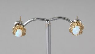 A PAIR OF 9CT GOLD, OPAL AND FILIGREE MOUNT EARRINGS.