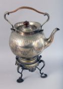 A VICTORIAN ENGRAVED SPIRIT KETTLE ON STAND. Maker H & H.