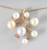 AN 18CT YELLOW GOLD, CULTURED PEARL AND PINK SAPPHIRE TREE PENDANT.