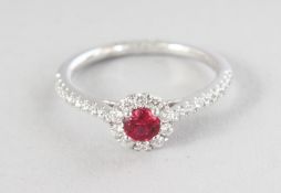 AN 18CT WHITE GOLD, ROUND SPINEL (0.32cts) AND DIAMOND (0.29cts) HALO RING.