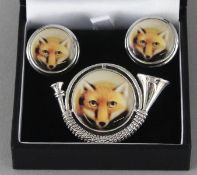 A SILVER AND ENAMEL FOX BROOCH and PAIR OF CUFFLINKS.