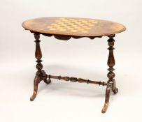 A VICTORIAN BURR WALNUT OVAL STRETCHER TABLE, the top inlaid with a games board. 3ft 1.5ins long x