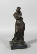AN ABSTRACT BRONZE GIRL THINKING on a square marble base. 13ins high.