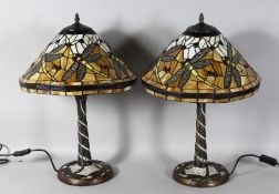 A GOOD PAIR OF TIFFANY DESIGN CREAM DRAGONFLY LAMPS. 22ins high.