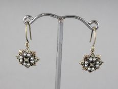 A PAIR OF 9CT GOLD, PERIDOT AND PEARL DROP EARRINGS.
