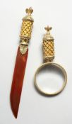 A SUPERB RUSSIAN SILVER GILT AND ENAMEL MAGNIFYING GLASS AND PAGE TURNER with eagle finial (2). 5.
