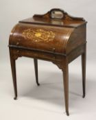 A LATE VICTORIAN ROSEWOOD AND MARQUETRY CYLINDER DESK, with a mirrored cresting rail, inlaid