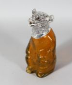 A GOOD AMBER GLASS BEAR CLARET JUG with plated head and collar. 9ins high.