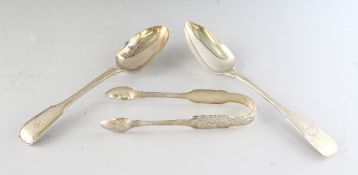 A PAIR OF IRISH SUGAR TONGS, Dublin 1817, and TWO FIDDLE PATTERN TABLESPOONS.