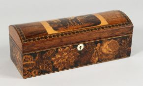 A TUNBRIDGE WARE DOMED TOP BOX, red velvet interior. 10.5ins long.