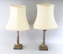 A PAIR OF MAPPIN & WEBB CORINTHIAN COLUMN CANDLESTICK AS LAMPS. 12ins high. Sheffield 1904.