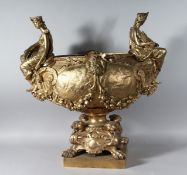 A SUPERB LARGE CLASSIC GILT BRONZE CENTREPIECE, mounted with classical figures, garlands and leopard