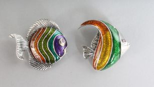 TWO SILVER AND ENAMEL FISH BROOCHES.