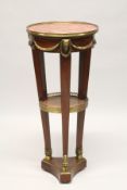 A GOOD LATE 19TH CENTURY MAHOGANY MARBLE AND ORMOLU GUERIDON, with a circular galleried rouge marble