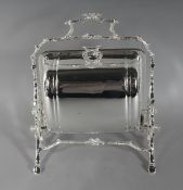 A SILVER PLATE SQUARE SHAPED BISCUIT AND CHEESE STAND. 11ins high.