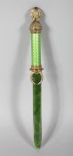 A SUPERB RUSSIAN SILVER GILT AND JADE PAGE TURNER with elephant finial. 10ins long.