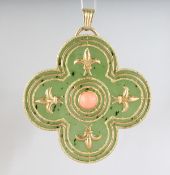 A SUPERB 18CT GOLD, ALHAMBRA AND CORAL PENDANT, 2.75ins, Possibly V.C.A.