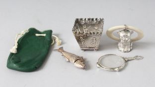 A CHILD'S TEETHING RING, a flexible fish, eye glass and a Dutch silver jardiniere.