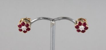 A PAIR OF 18CT GOLD, RUBY AND DIAMOND CLUSTER EARRINGS.