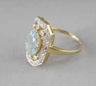 A 9CT GOLD, BLUE TOPAZ AND DIAMOND DECO STYLE RING.