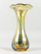 A TIFFANY FAVRILE STYLE GLASS FRILLY EDGE VASE. 8.5ins high.