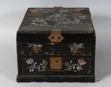 A CHINESE BLACK LACQUER AND MOTHER-OF-PEARL BOX. 12ins long.